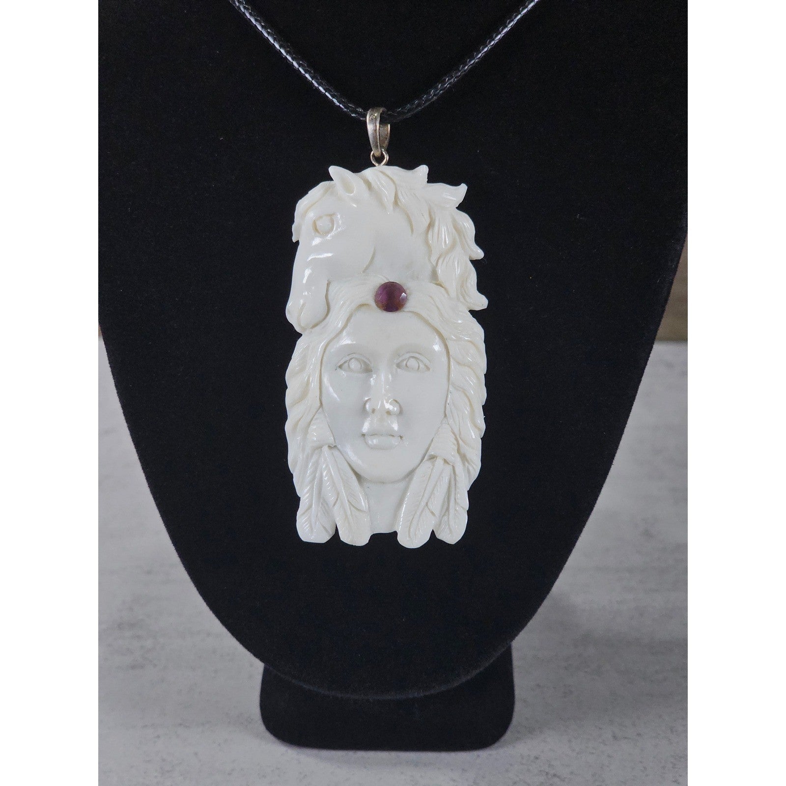 Vintage Carved Face & Horse Pendant Necklace with Red Stone