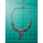 Vintage Butterfly Necklace Earring Set Purple Green Floral Gold Tone