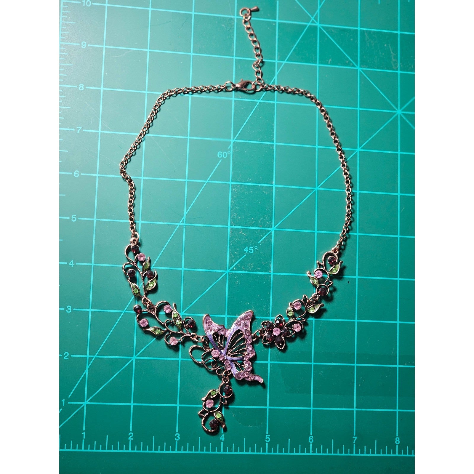 Vintage Butterfly Necklace Earring Set Purple Green Floral Gold Tone