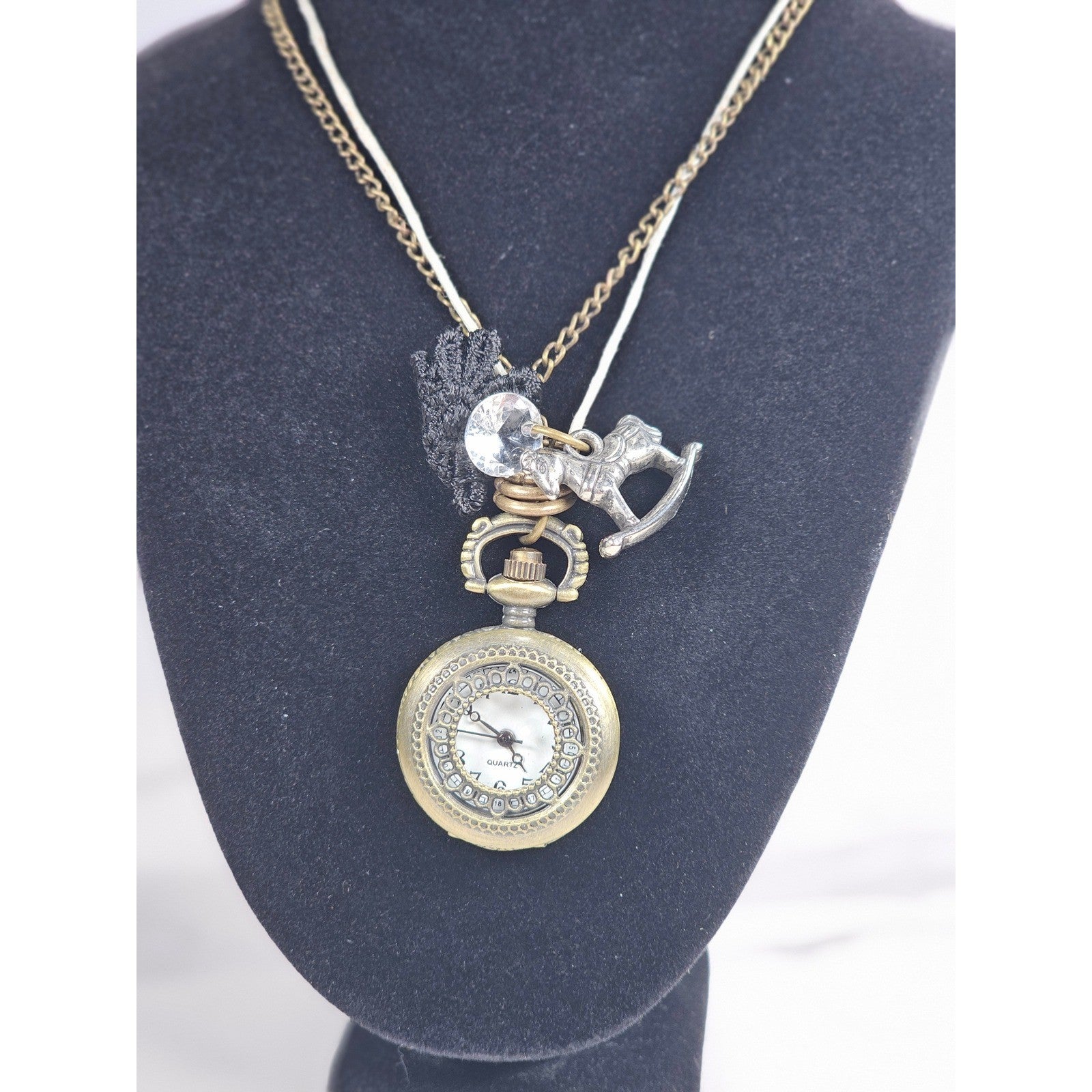 Vintage Pocket Watch Necklace Long Chain Eiffel Tower Charm Quartz