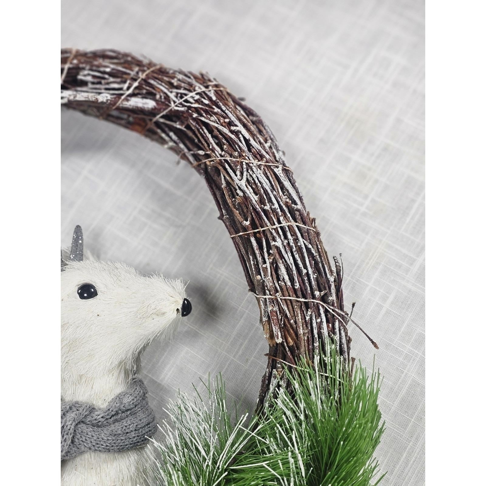 White Deer Christmas Wreath with Pinecones Greenery Snowflakes Rustic Holiday