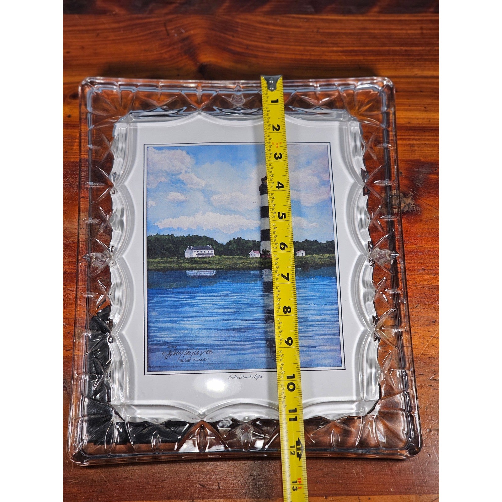 Vintage Heavy Glass Picture Frame with Bodie Island Lighthouse Art 12"x10"