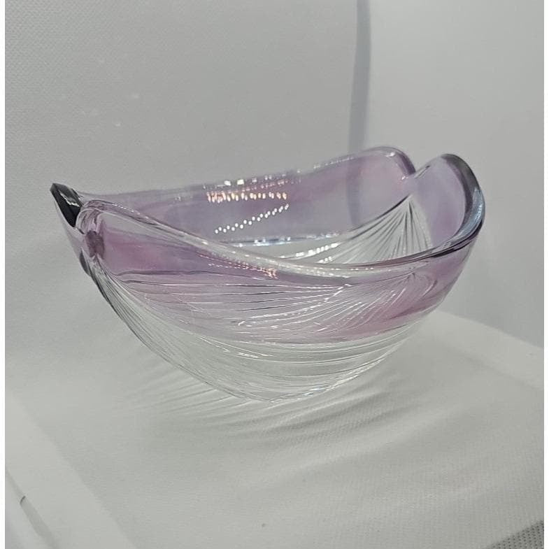 Vintage Ribbed Glass Bowl Purple Satin Edge Serving Dish