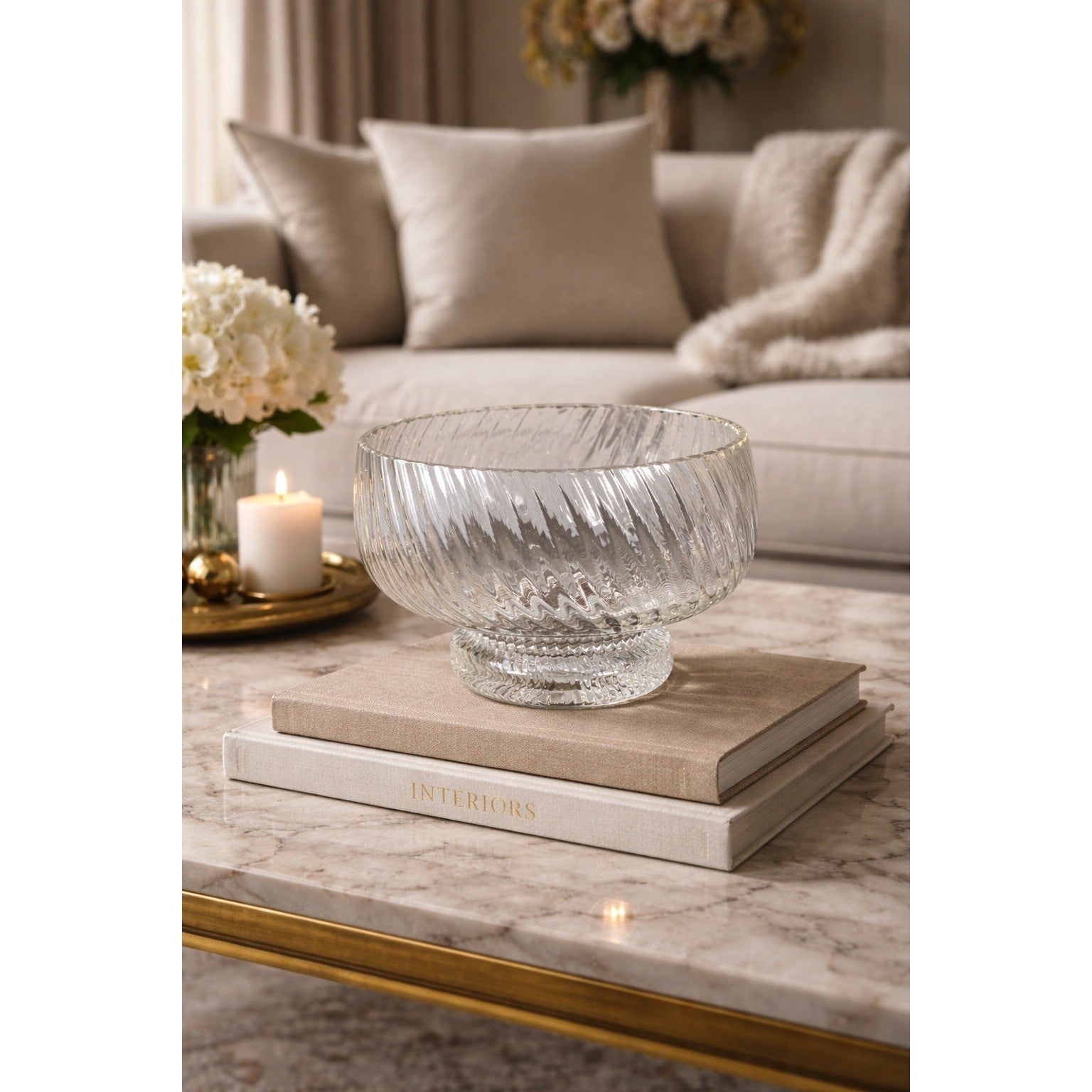 Vintage Ribbed Glass Pedestal Bowl | Heavy Clear Glass Compote | 8 Inch