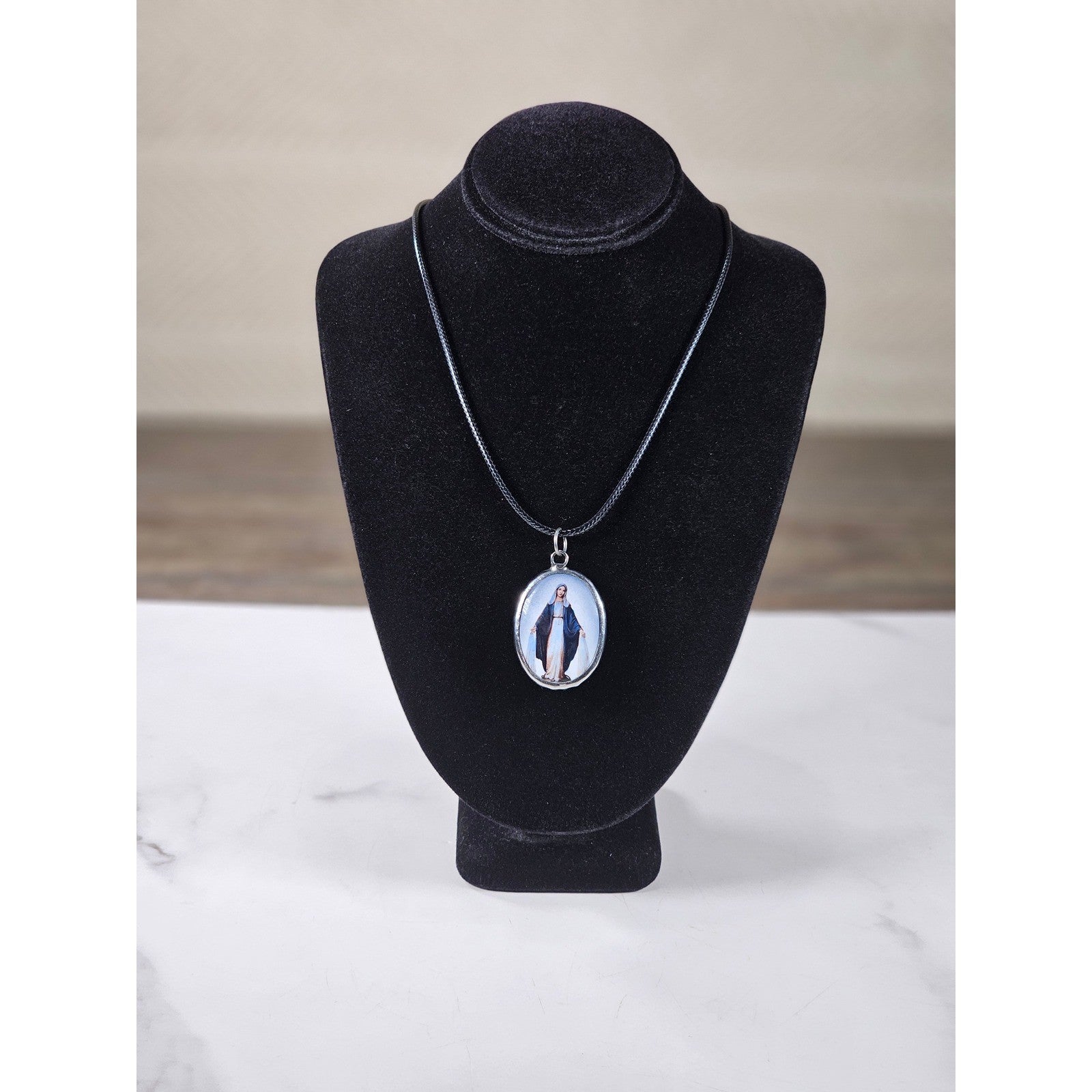 Vintage Madonna Pendant Necklace Oval Religious Medallion