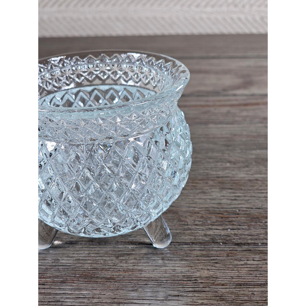 Vintage Cut Glass Footed Bowl 3x3 Diamond Pattern Trinket Dish