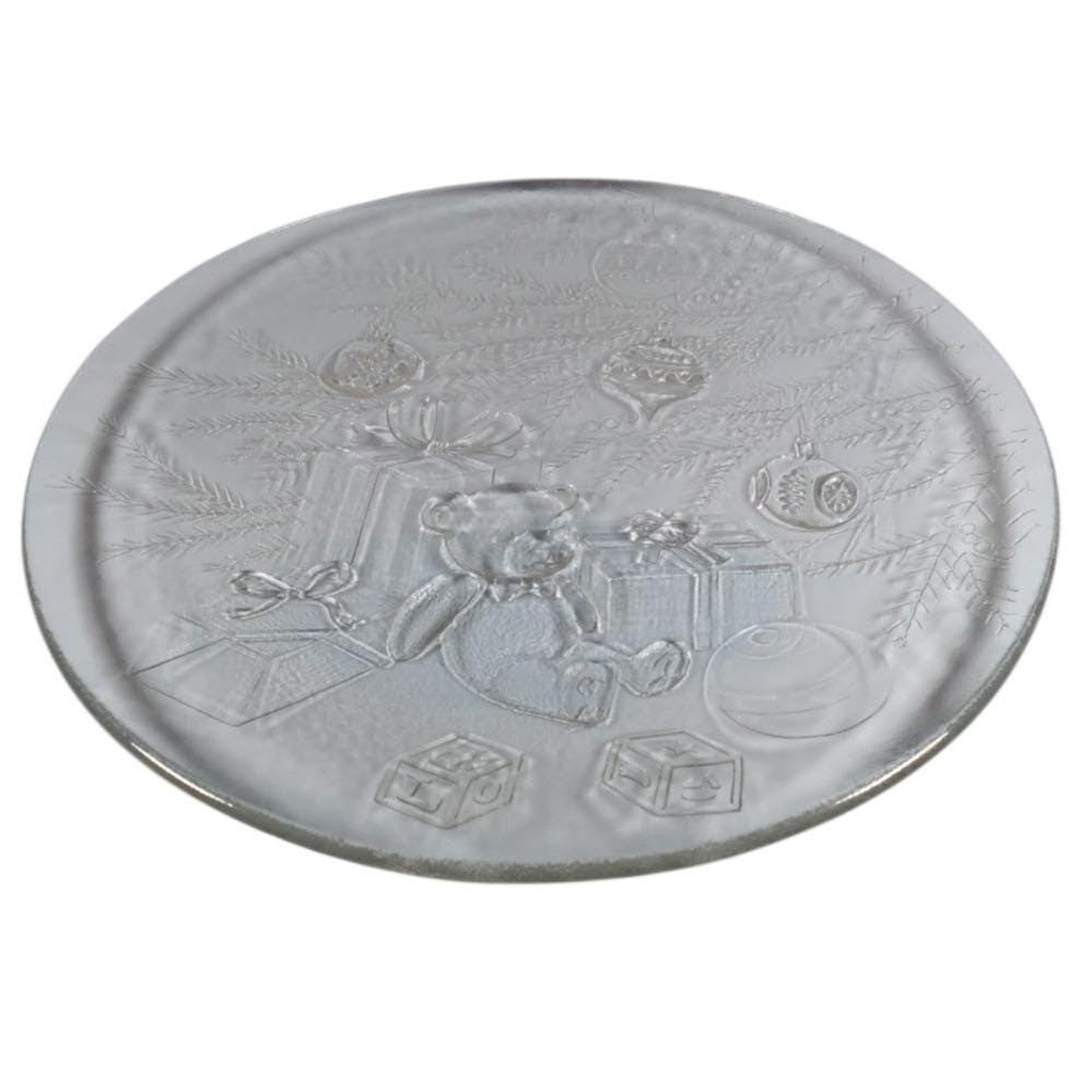 Vintage Christmas Glass Platter Teddy Bear Holiday Serving Plate