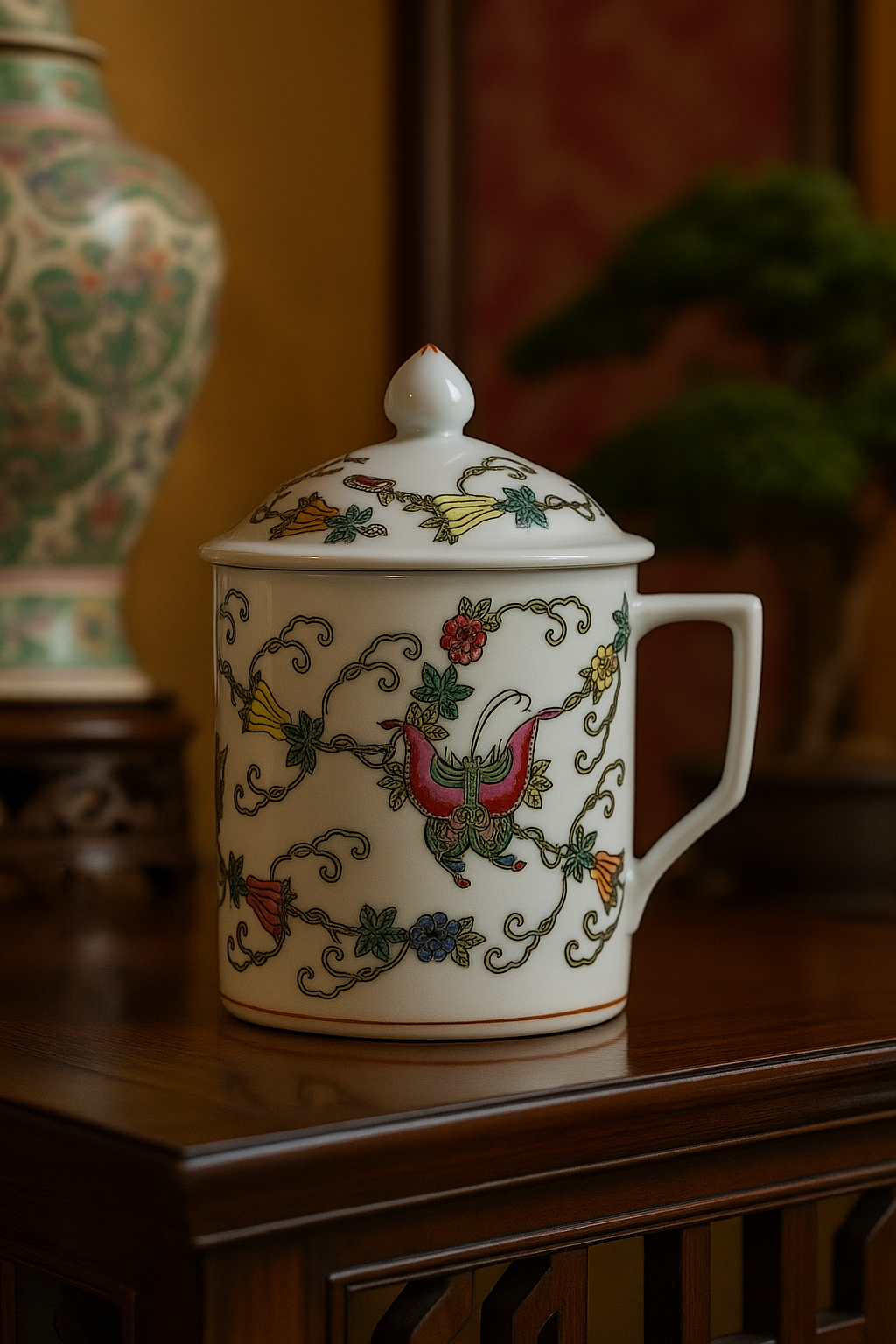 Vintage Chinese Porcelain Hand Painted Cup with Lid – 5.5" x 3.5" – Decorative