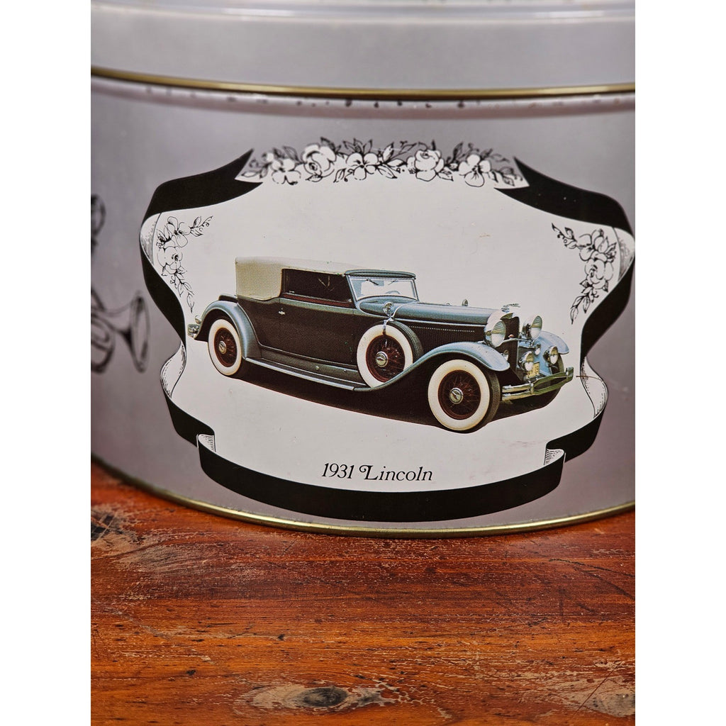 Vintage Classic Car Cookie Tin Empty Round Metal Motorcars from the Classic Era