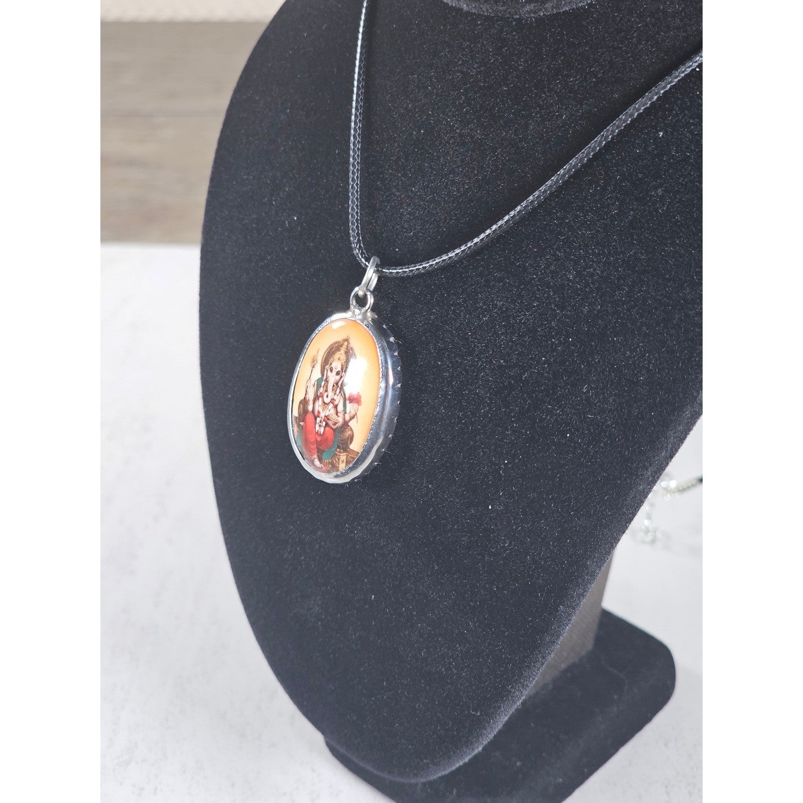 Vintage Ganesha Pendant Necklace Black Cord Oval Cabochon