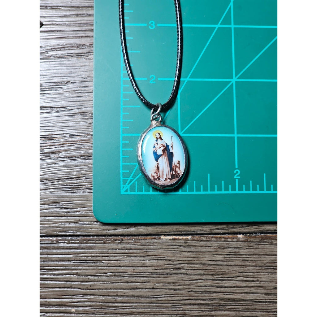 Vintage Religious Shepherd Pendant Aqua Blue Medallion