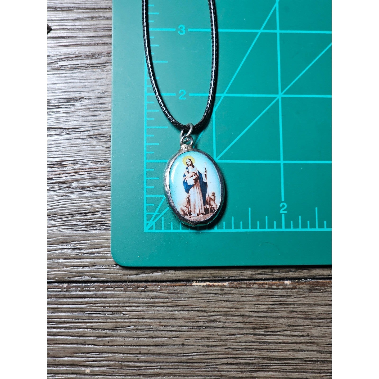 Vintage Religious Shepherd Pendant Aqua Blue Medallion