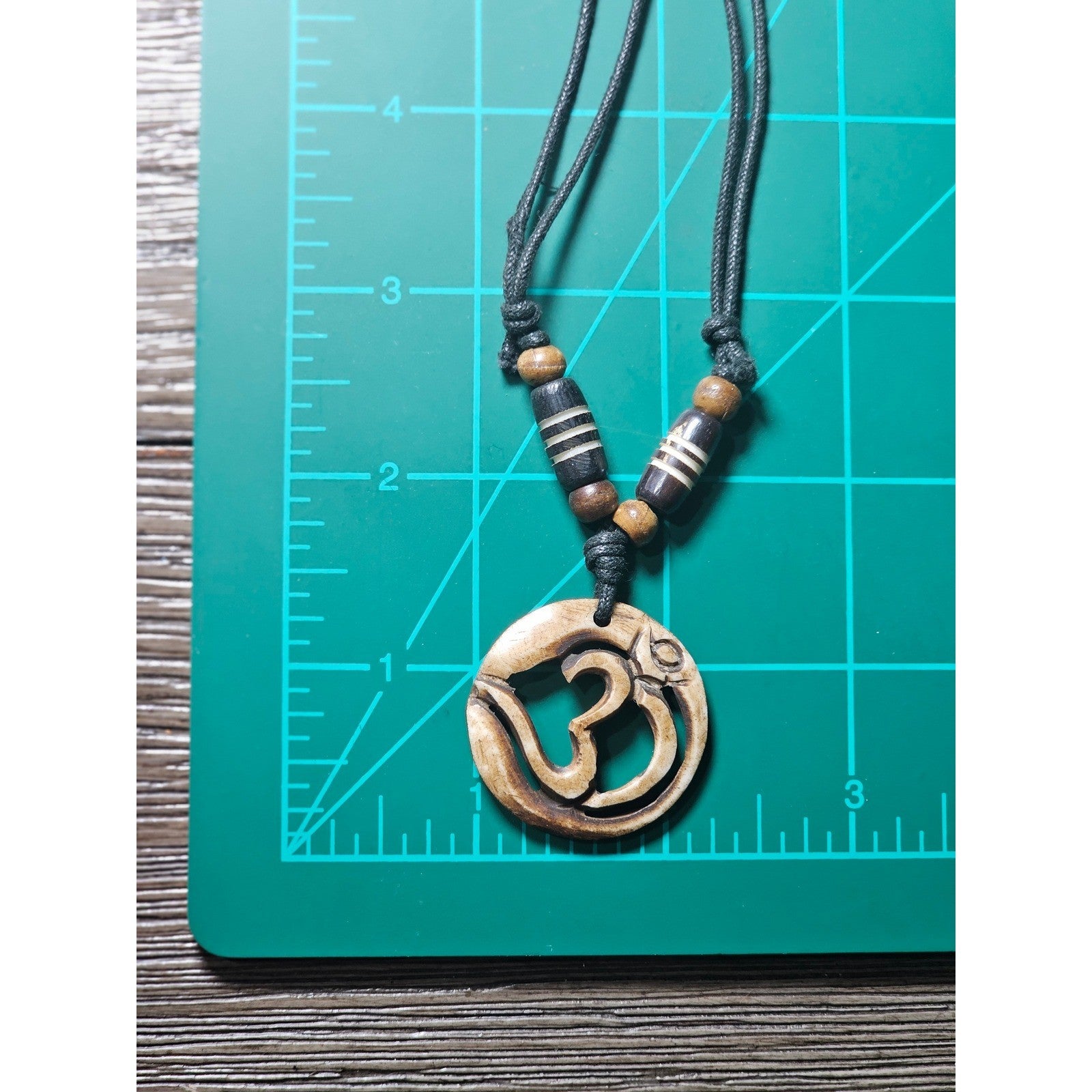 Vintage Carved Om Pendant Necklace Wood Beaded Cord Boho Yoga