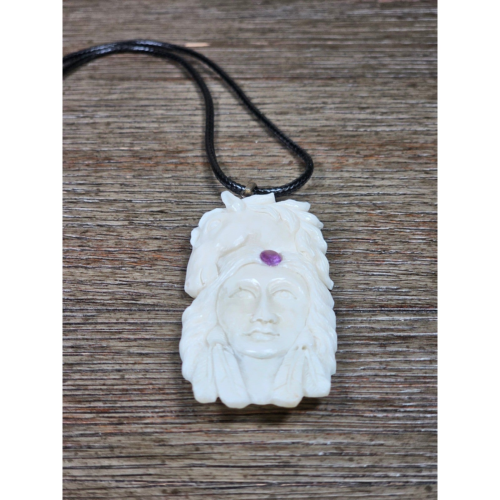 Vintage Buffalo Bone Carved Horse & Native American Figure Pendant Necklace
