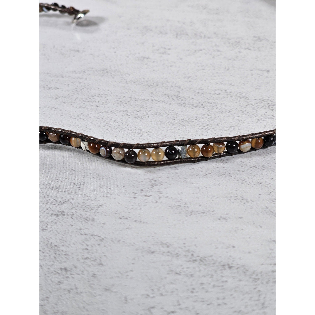 Brown Beaded Wrap Bracelet Leather Cord Multi Tone Stone Boho