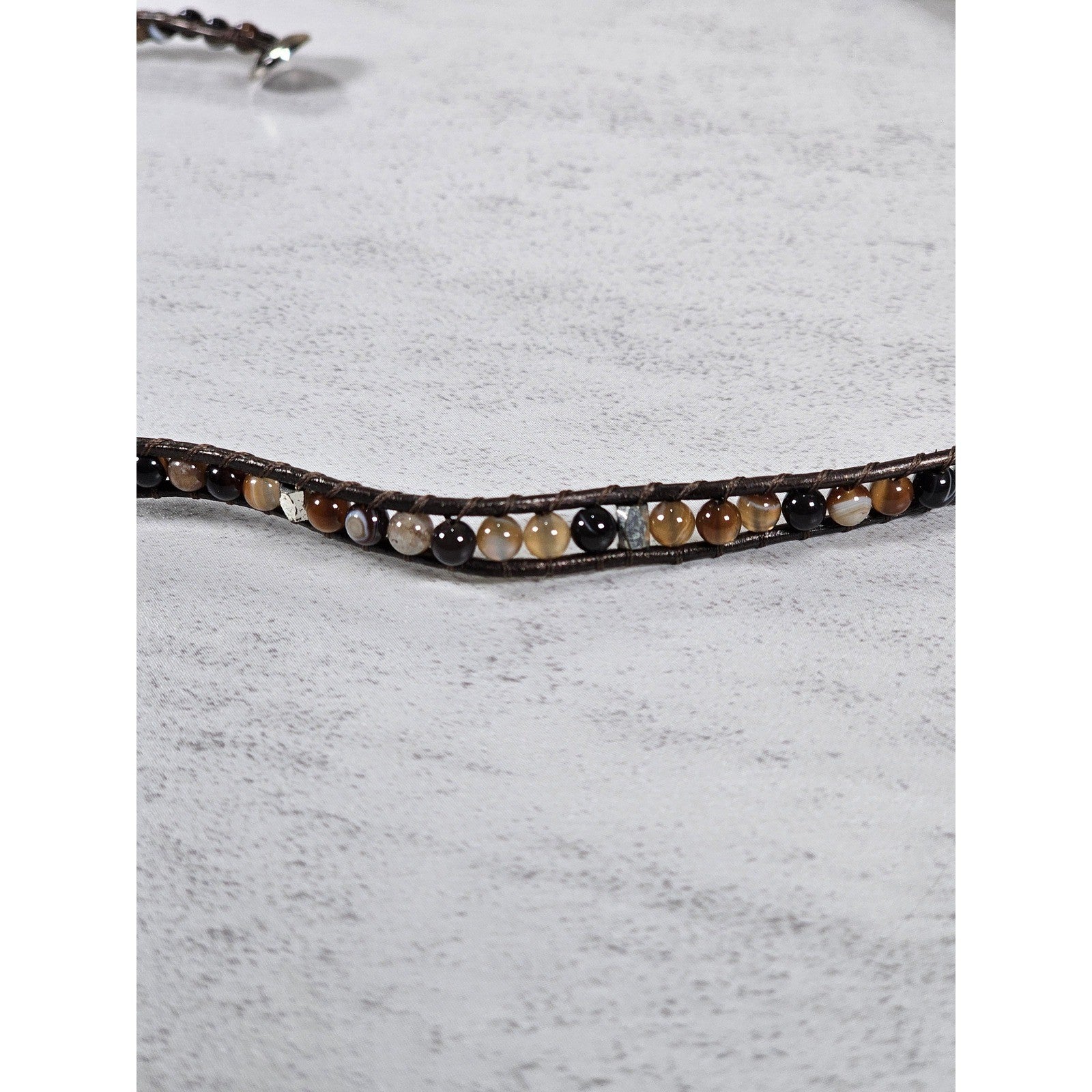 Brown Beaded Wrap Bracelet Leather Cord Multi Tone Stone Boho