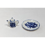 Dollhouse Miniature Coffee Set Blue White Ceramic 1:12 with Stand