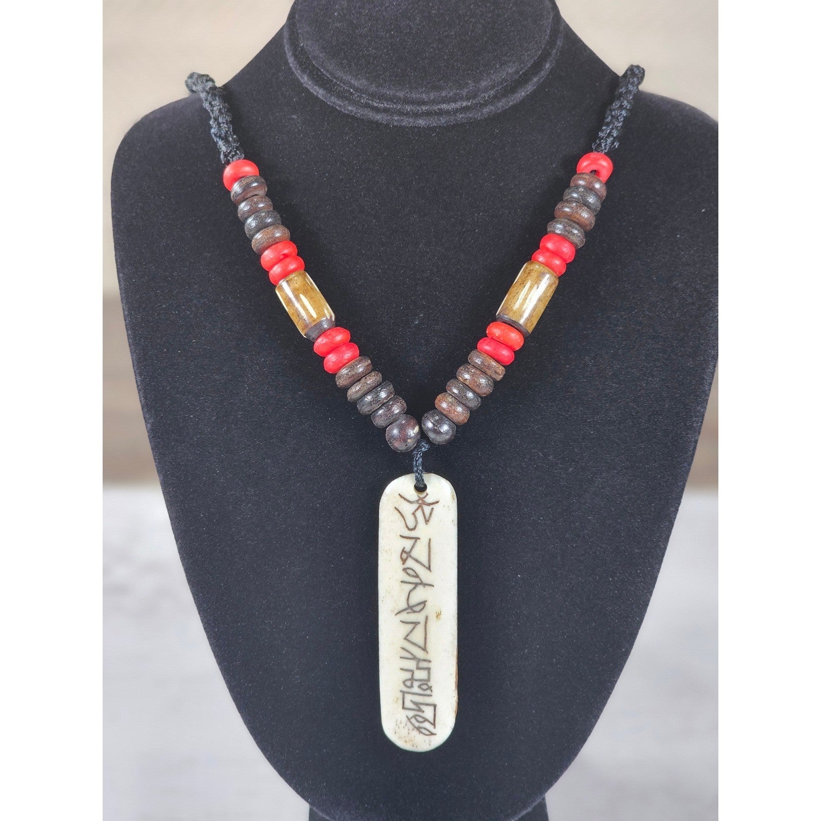Vintage Tribal Script Pendant Necklace Wood & Red Beads