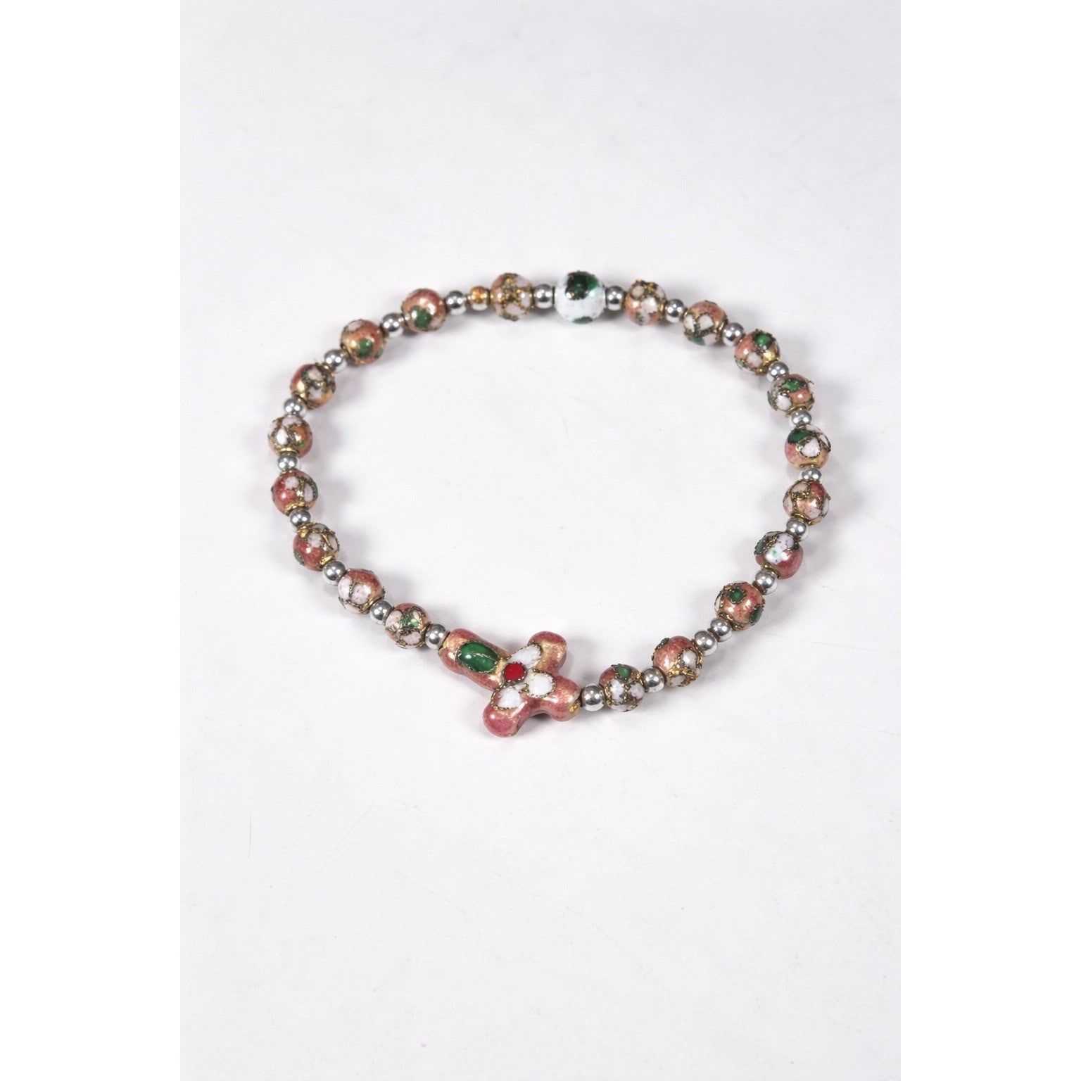 Vintage McVan Enamel Beaded Bracelet Floral Charm Pink Green