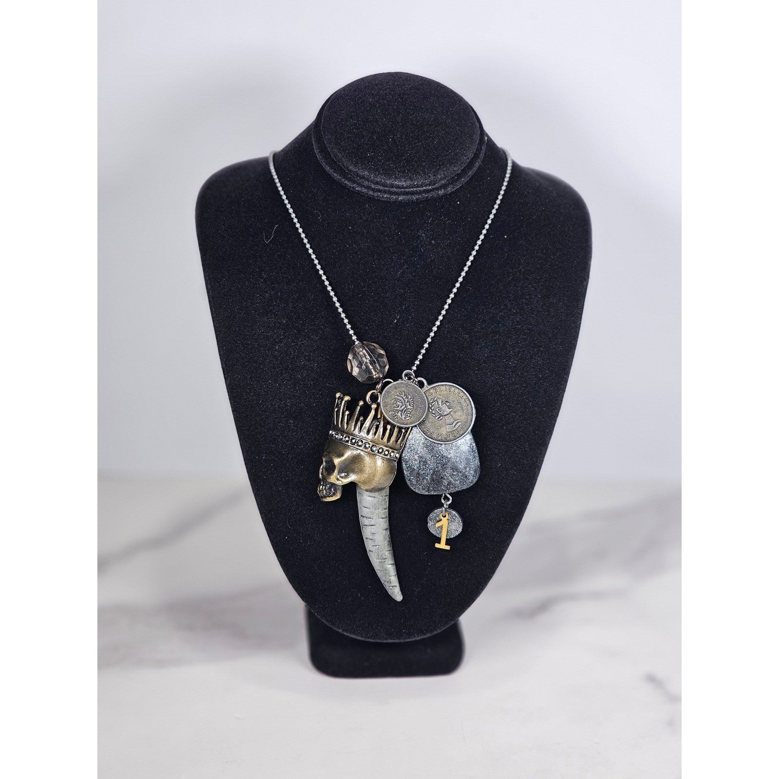 Mixed Charm Skull Crown Necklace with Coin Charms & Tusk Pendant