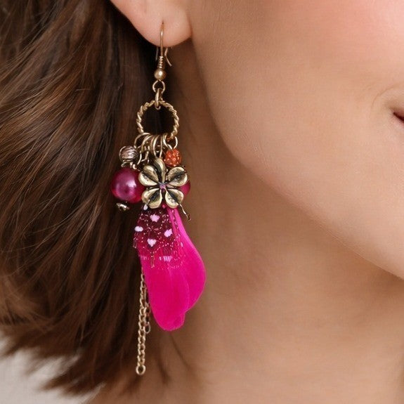 Vintage Pink Feather Charm Earrings Floral Boho Dangle Drop