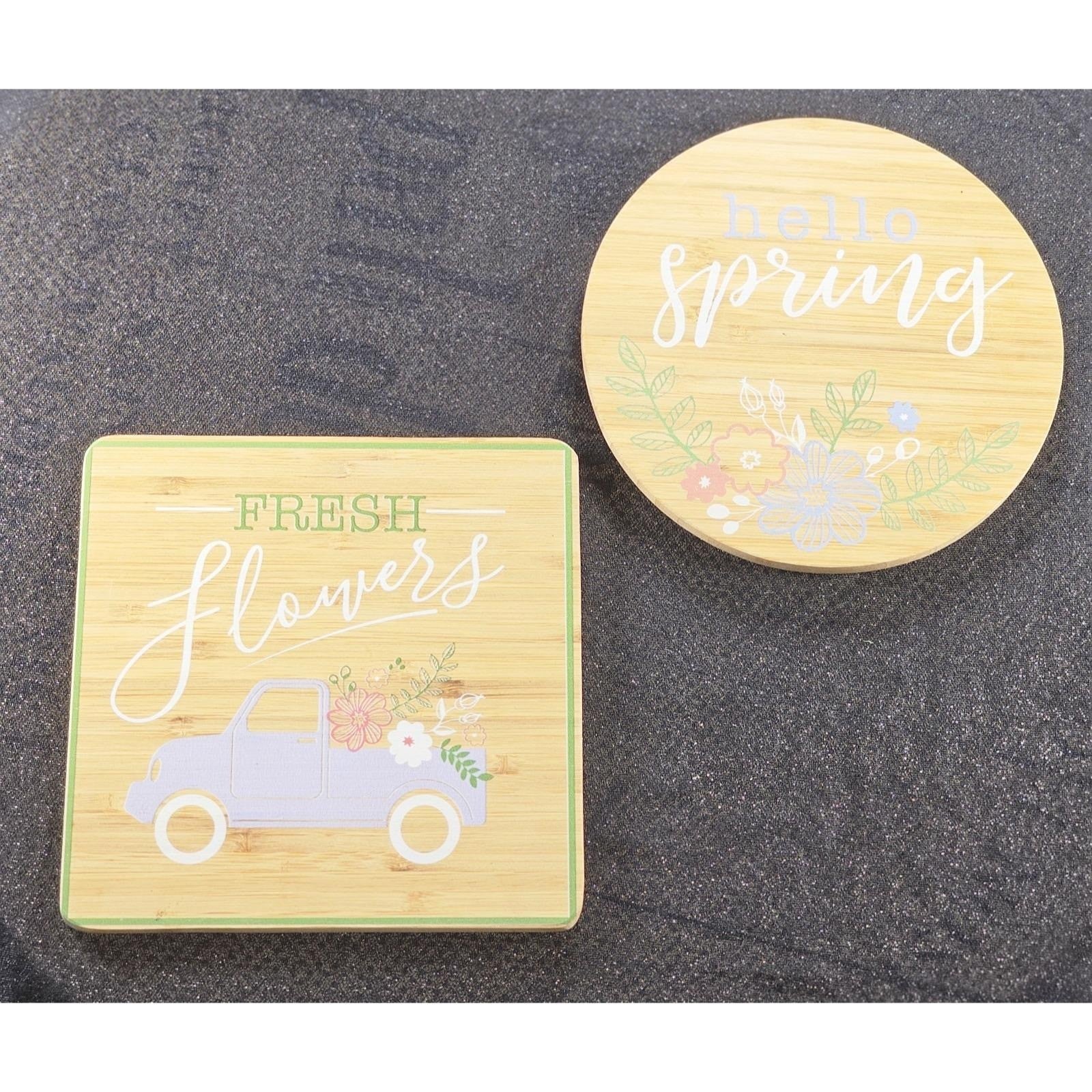 Vintage Bamboo Trivet Set Hello Spring Fresh Flowers Farmhouse Kitchen Decor