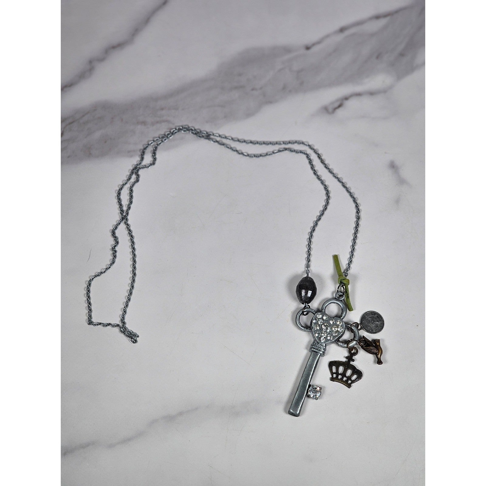 Vintage Charm Necklace Long Drop Key Crown Bird Coin Pendant