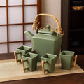 Joyce Chen Ceramic Flared 28oz Teapot & 4 Square Teacups Set Bamboo Handle