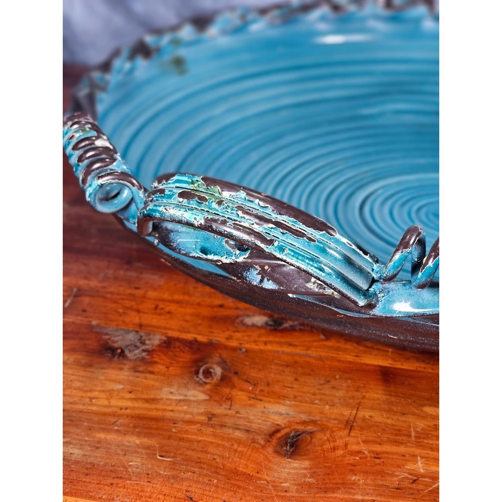 Vintage Teal Metal Tray with Handles | Distressed Round Serving Tray 16"