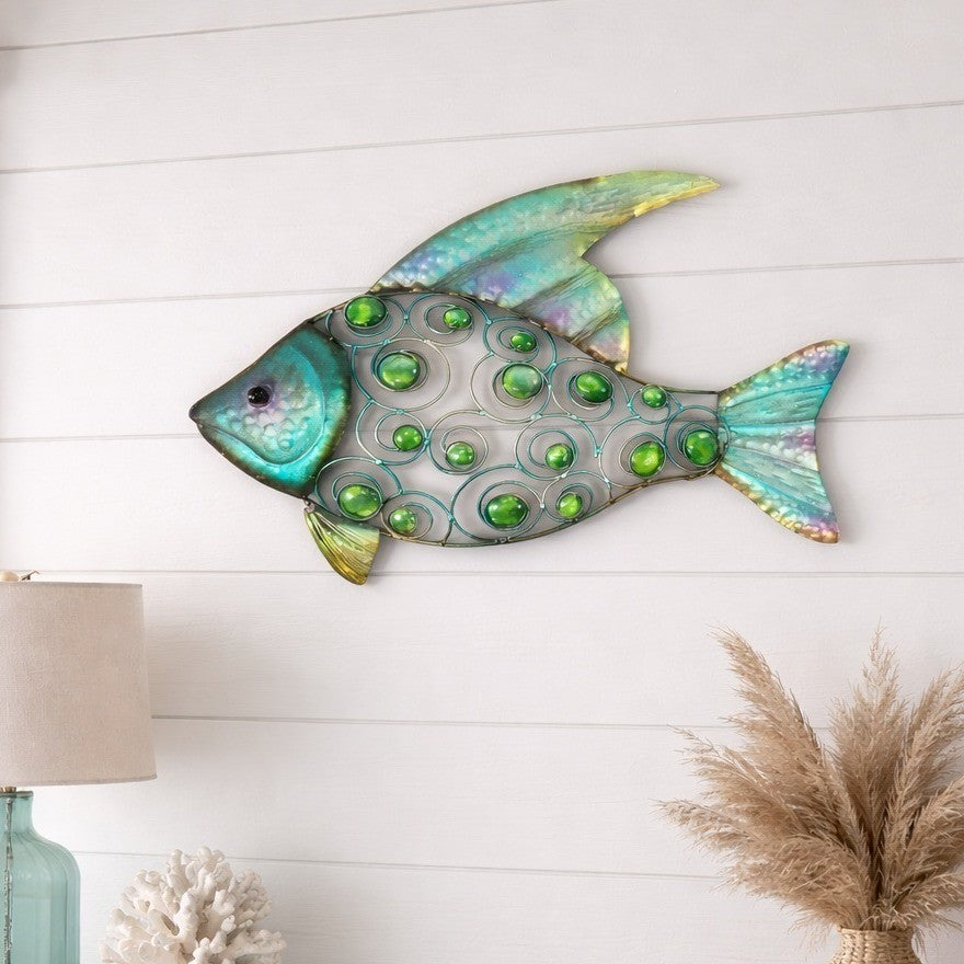 Vintage Metal Fish Wall Art Coastal Decor Green Glass Accents 20"
