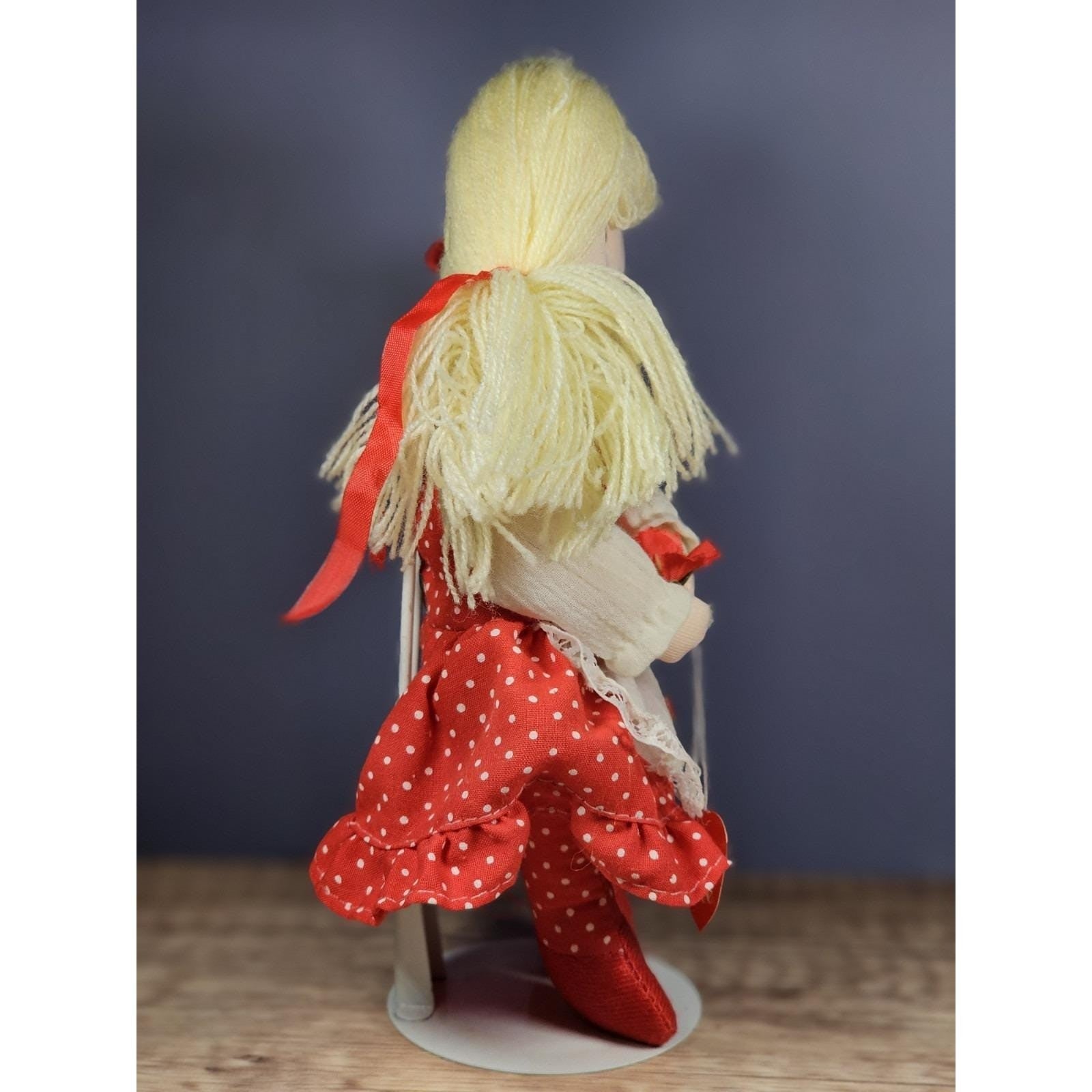 Vintage Rag Doll Red Polka Dot Dress Cloth Doll Heart Tag