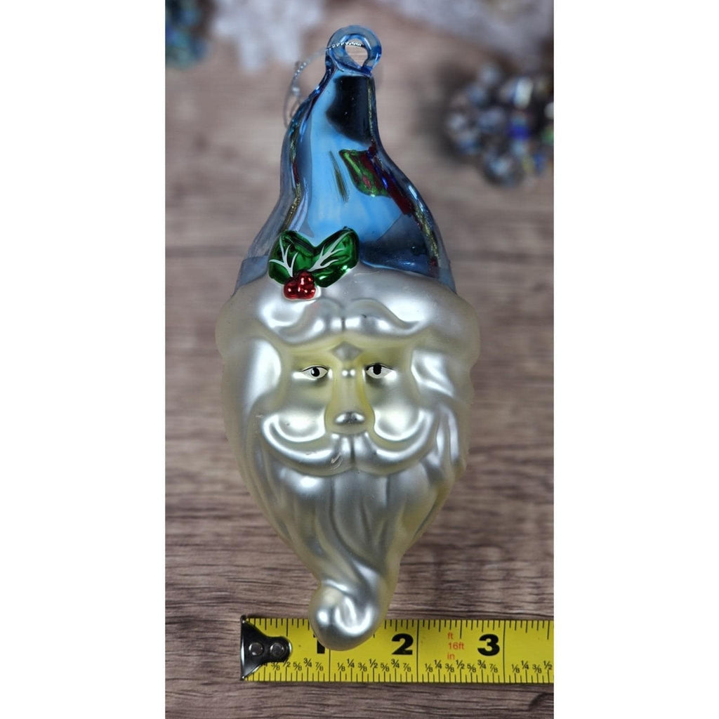 Vintage Glass Santa Ornament Blue Hat 1970s Handblown 7 Inch
