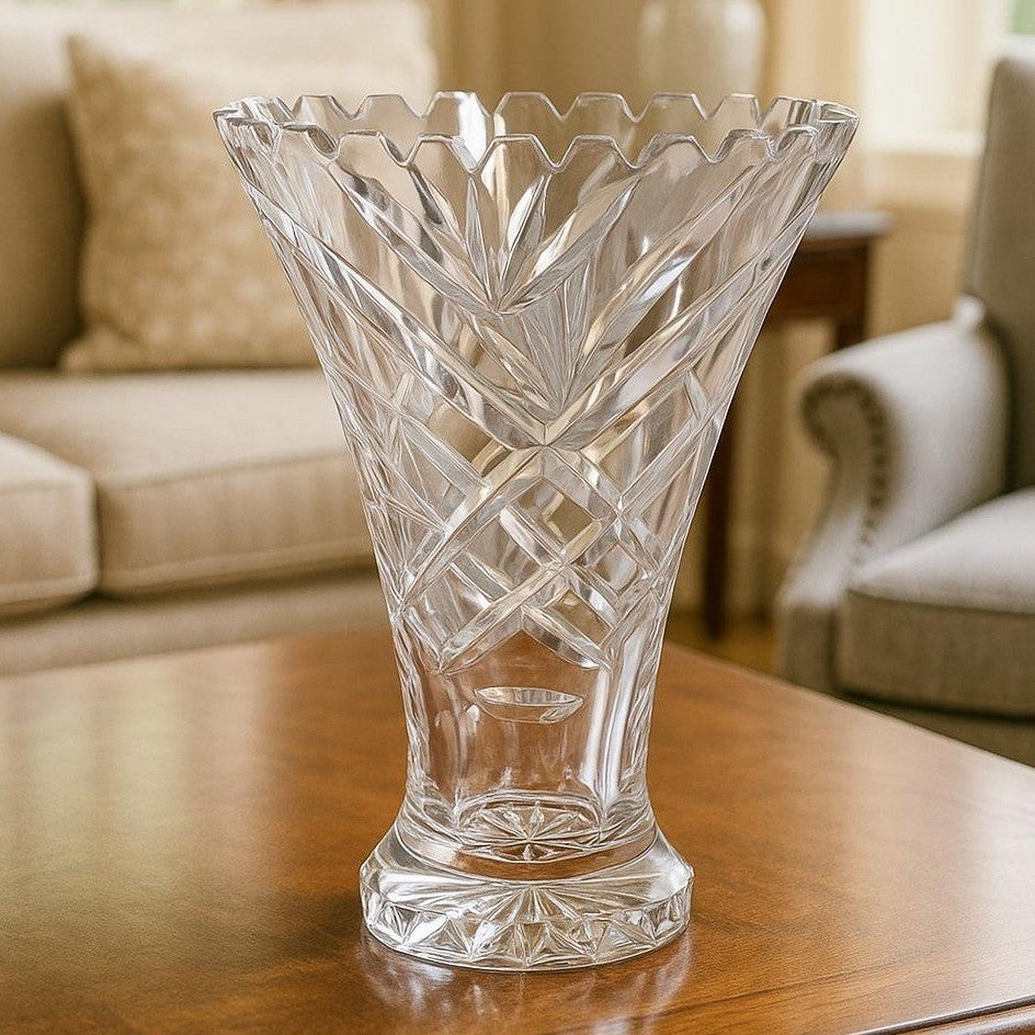 Vintage Cut Crystal Trumpet Vase Starburst Pedestal Vase 7.5 Inch