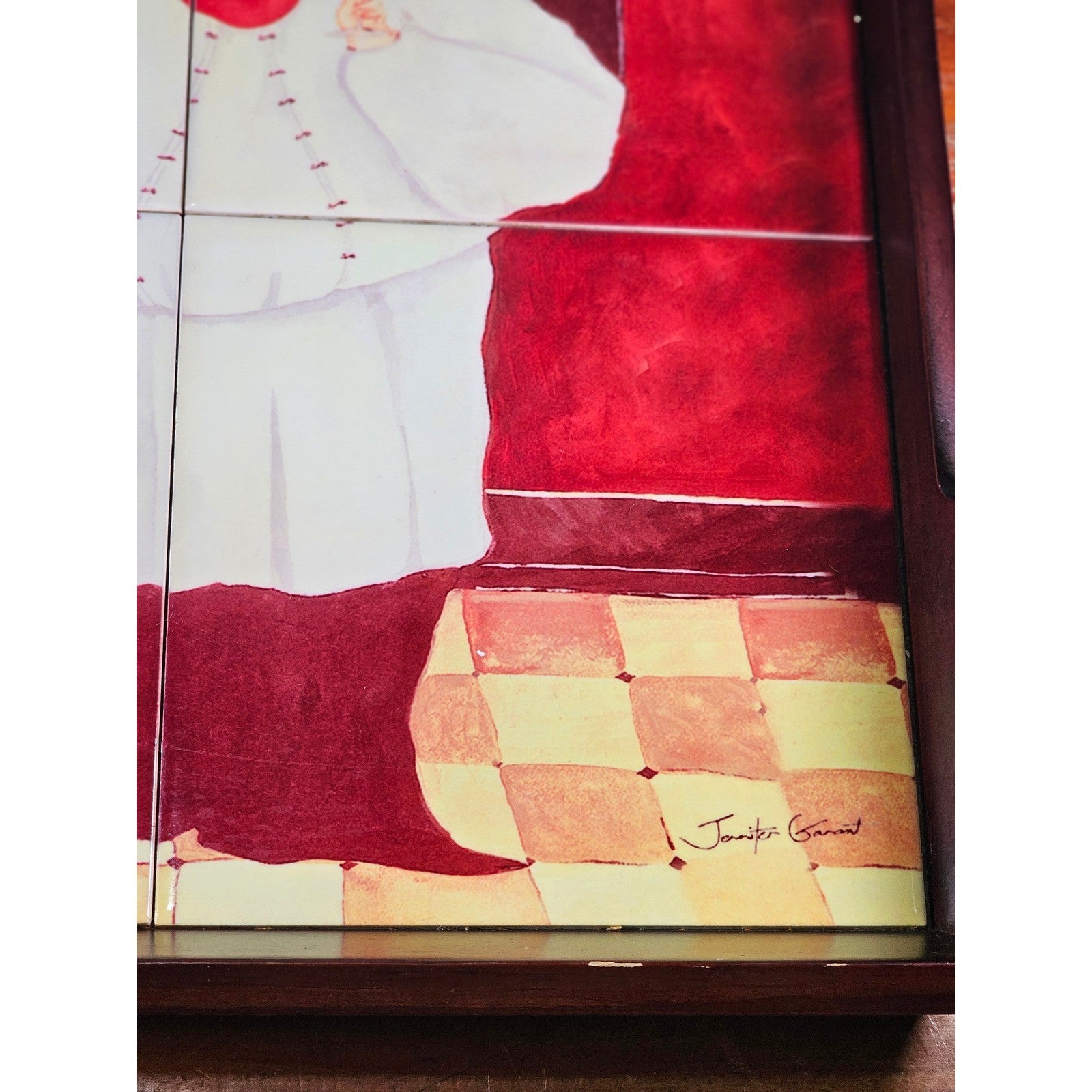 Vintage Tile Art Chef Serving Tray Wine Theme Wooden Handles