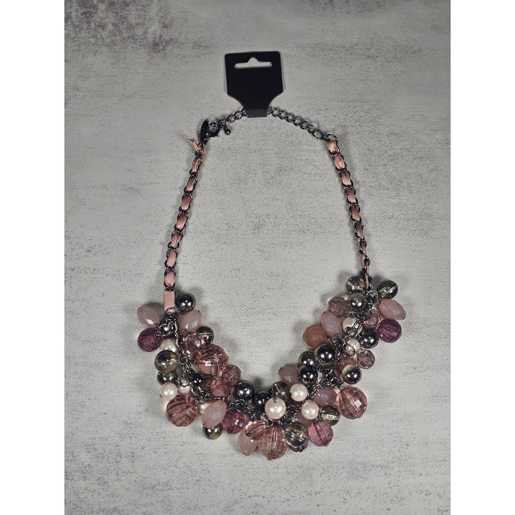 Vintage Pink Beaded Cluster Necklace with Ribbon Chain Detail