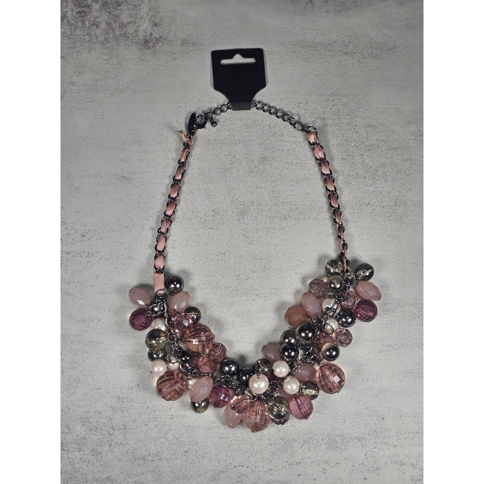 Vintage Pink Beaded Cluster Necklace with Ribbon Chain Detail