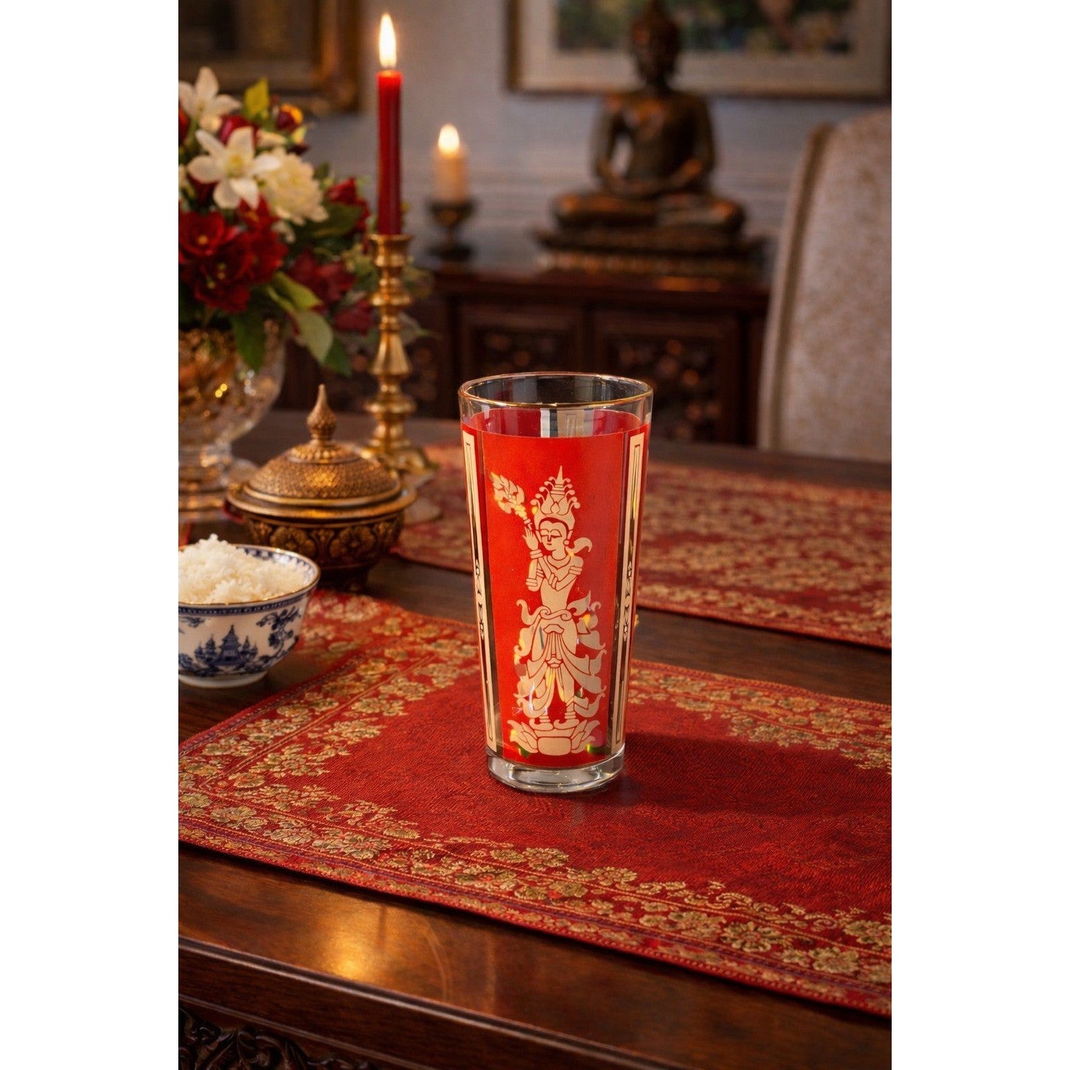 Vintage Culver Thai Goddess Highball Glass | Red & 22K Gold Barware