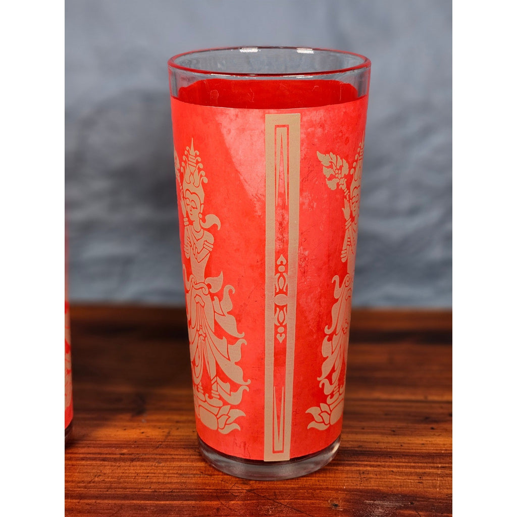Vintage Red Asian Dancer Gold Glasses Set of 2 Tall Drinking Tumblers