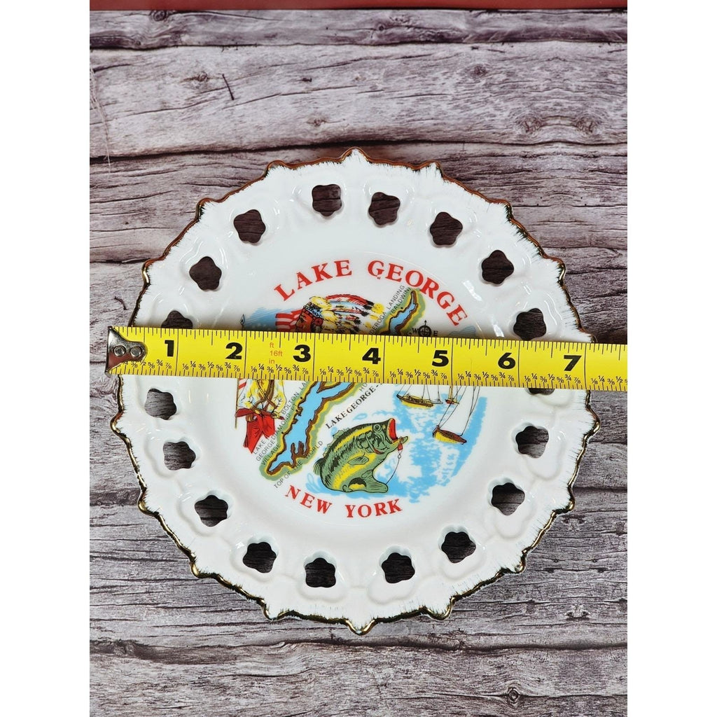Vintage Lake George New York Souvenir Plate Gold Trim Pierced Rim 7 Inch