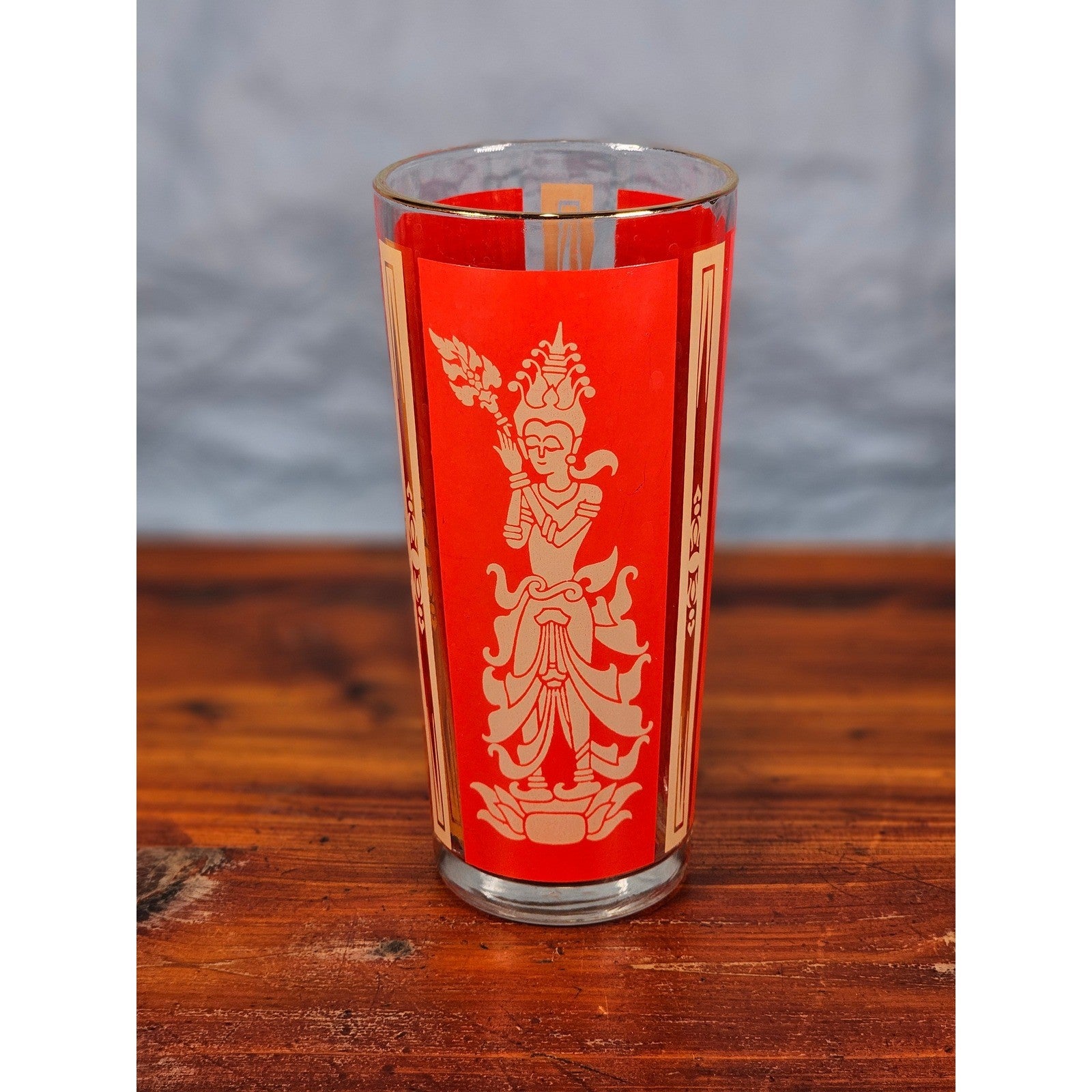 Vintage Culver Thai Goddess Highball Glass | Red & 22K Gold Barware