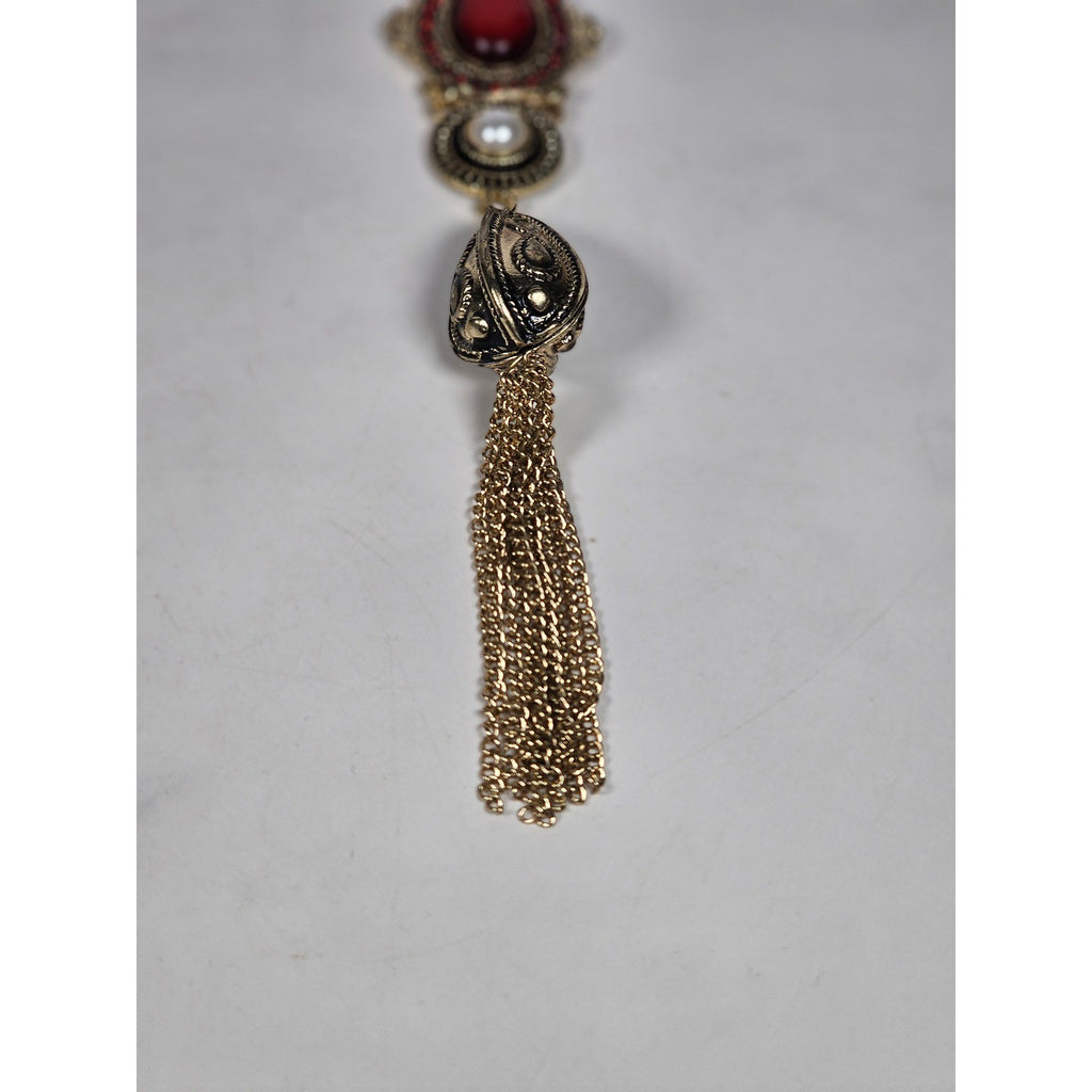 Vintage Gold Tone Red Cabochon Necklace with Faux Pearl Tassel Pendant