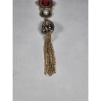 Vintage Gold Tone Red Cabochon Necklace with Faux Pearl Tassel Pendant
