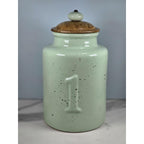 Vintage Pier 1 Mint Green Speckled Canister with Wooden Lid