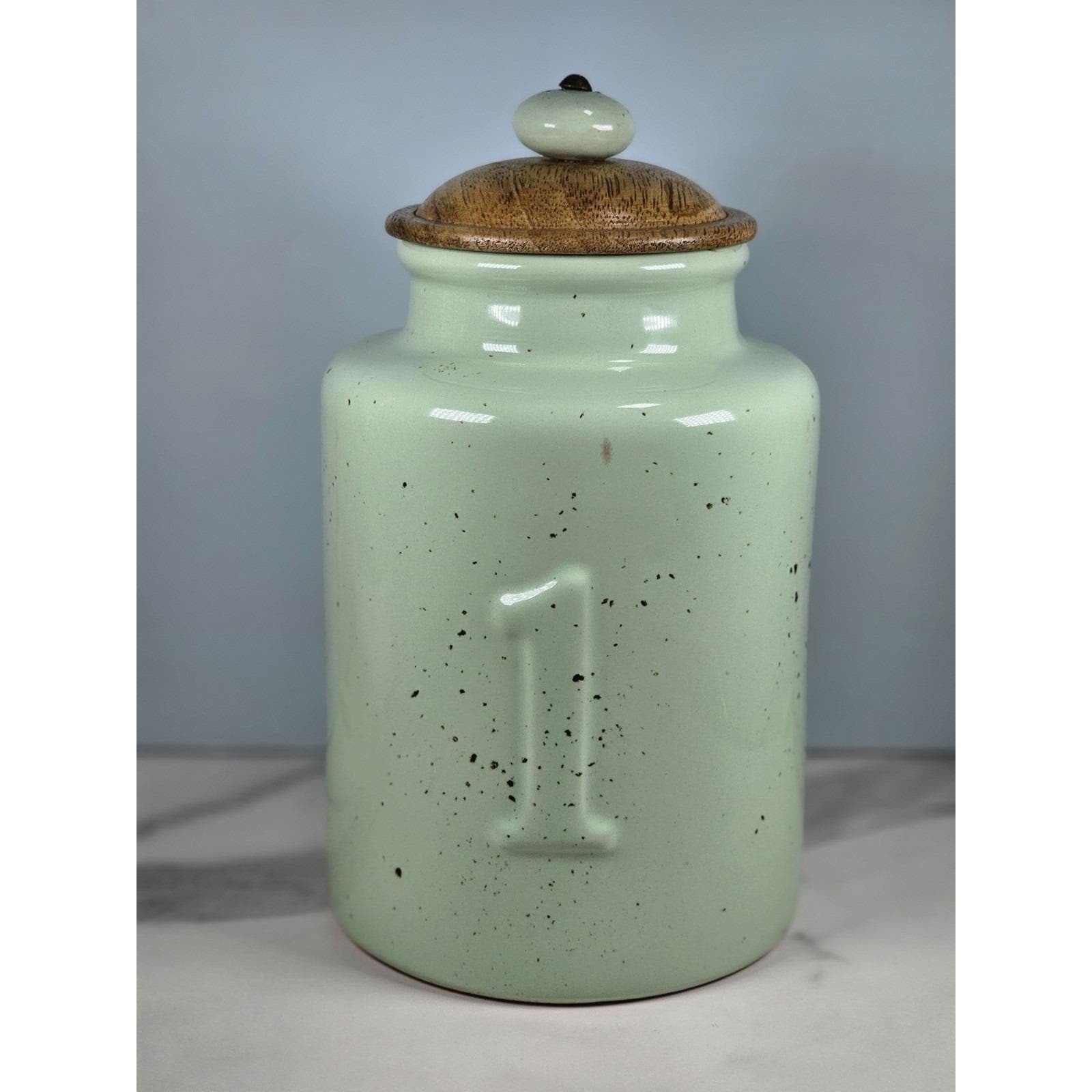 Vintage Pier 1 Mint Green Speckled Canister with Wooden Lid