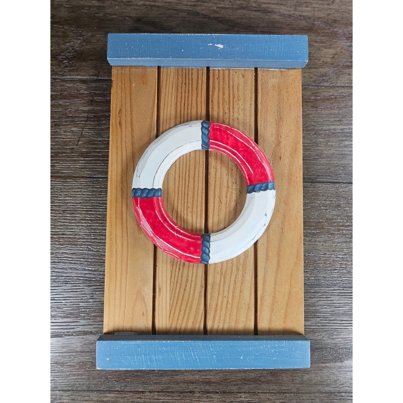 Vintage Nautical Wood Wall Decor with Life Preserver Coastal Wall Art