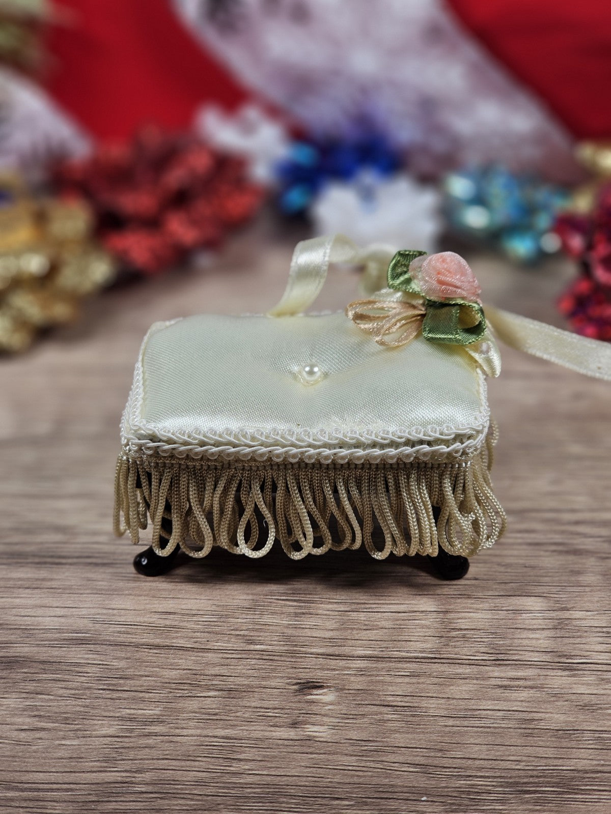 Vintage White Satin Victorian Miniature Stool Ornament 1" x3"