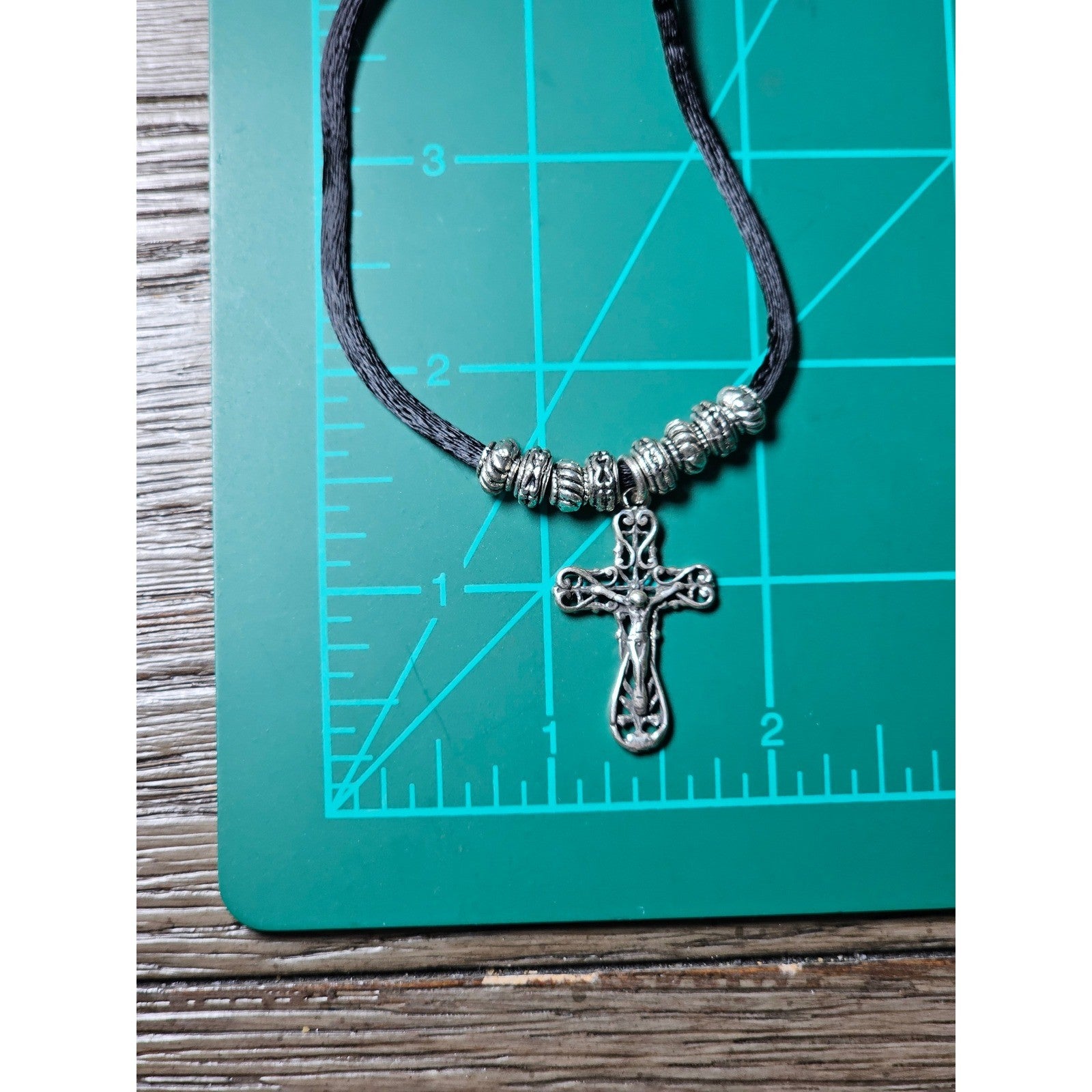 Vintage Silver Tone Cross Necklace Black Cord Beaded Accent