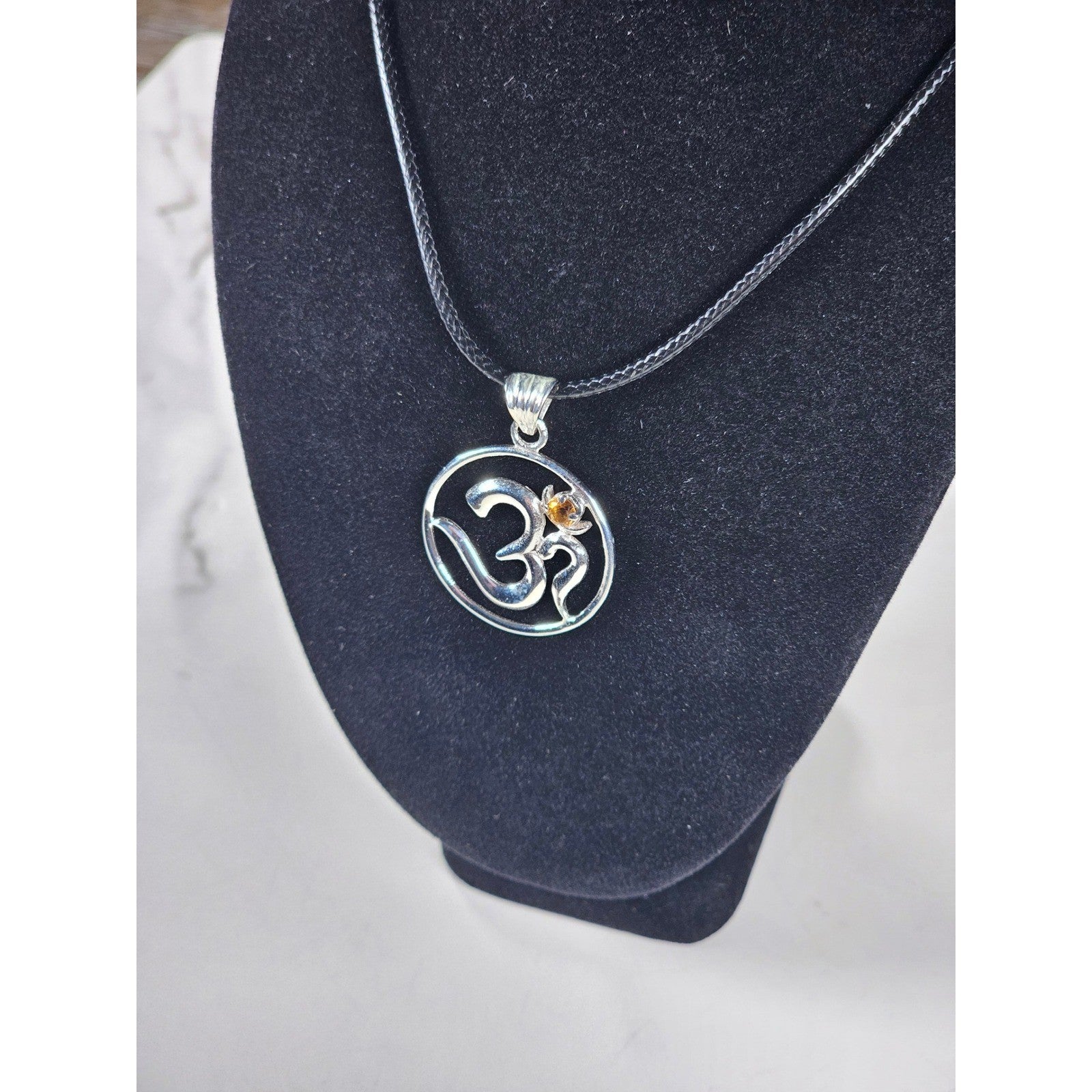 Vintage Sterling Silver Om Pendant Necklace with Amber Stone