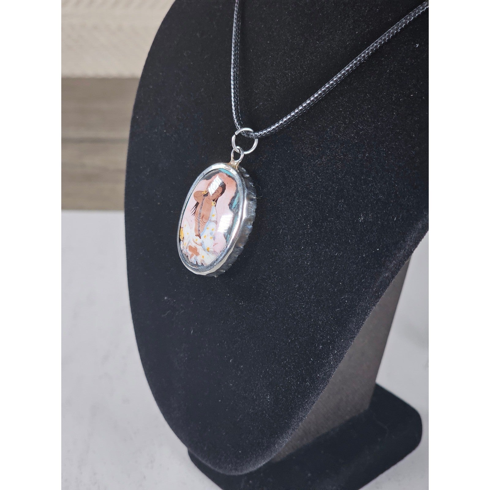 Vintage Oval Art Pendant Necklace Silver Tone on Black Cord