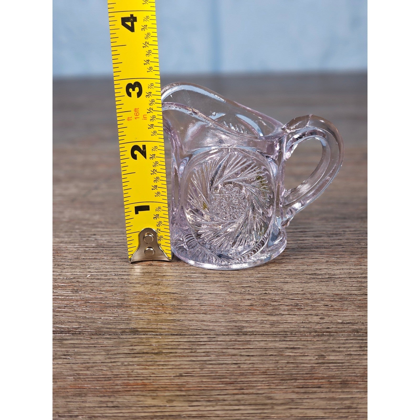 Vintage Cut Glass Mini Creamer Pitcher Starburst Swirl Chipped Rim 2.3in